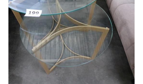 2 design ronde div tafels vv glazen blad, afm plm diam 90 en 71cm